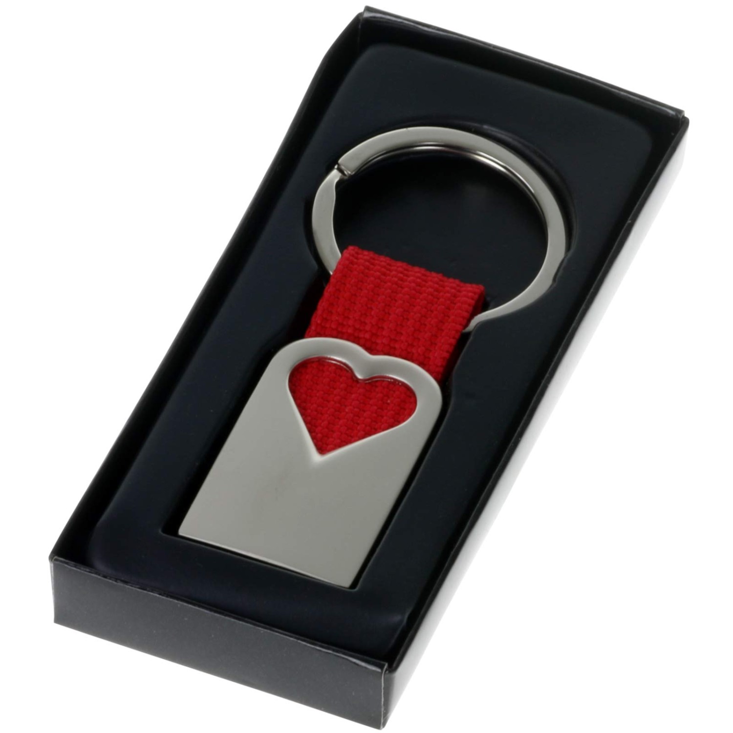 1. Foto Schlüsselanhänger Herz aus Metall und rotem Polyester-Band mit Gravur