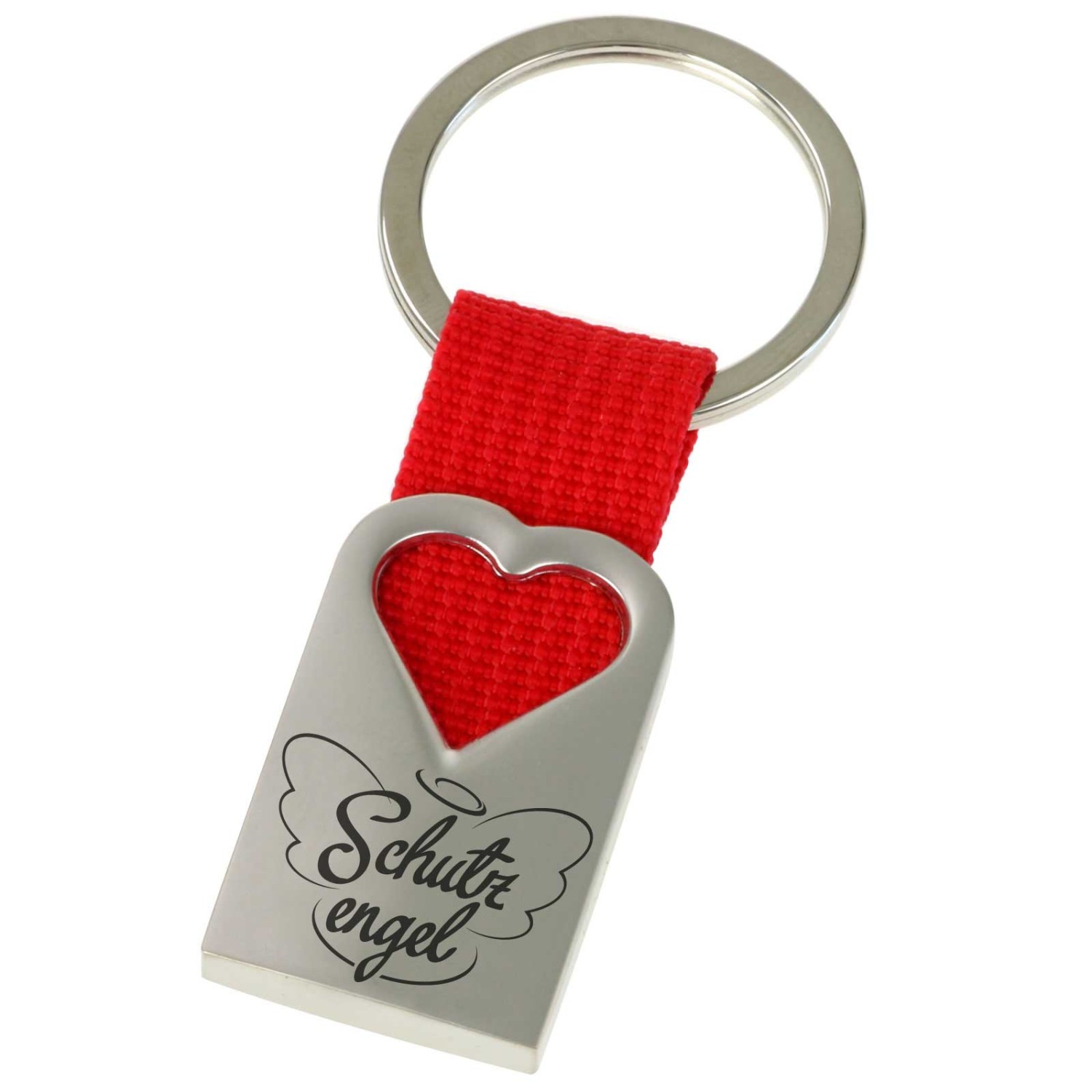 Schutzengel Schlüsselanhänger Herz aus Metall und rotem Polyester-Band
