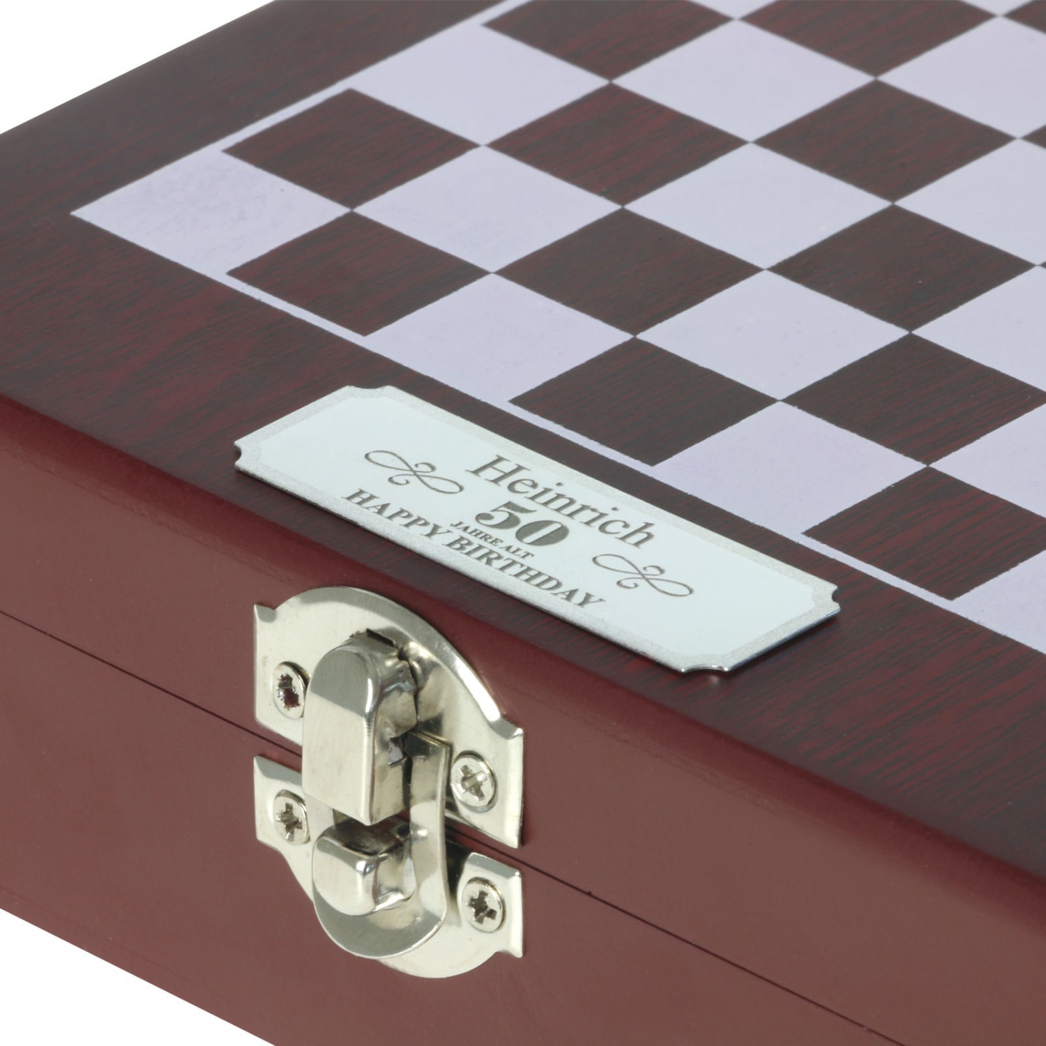 1. Foto Weinset in Holzbox mit Schachspiel für Sommelier mit Gravurplatte und Gravur