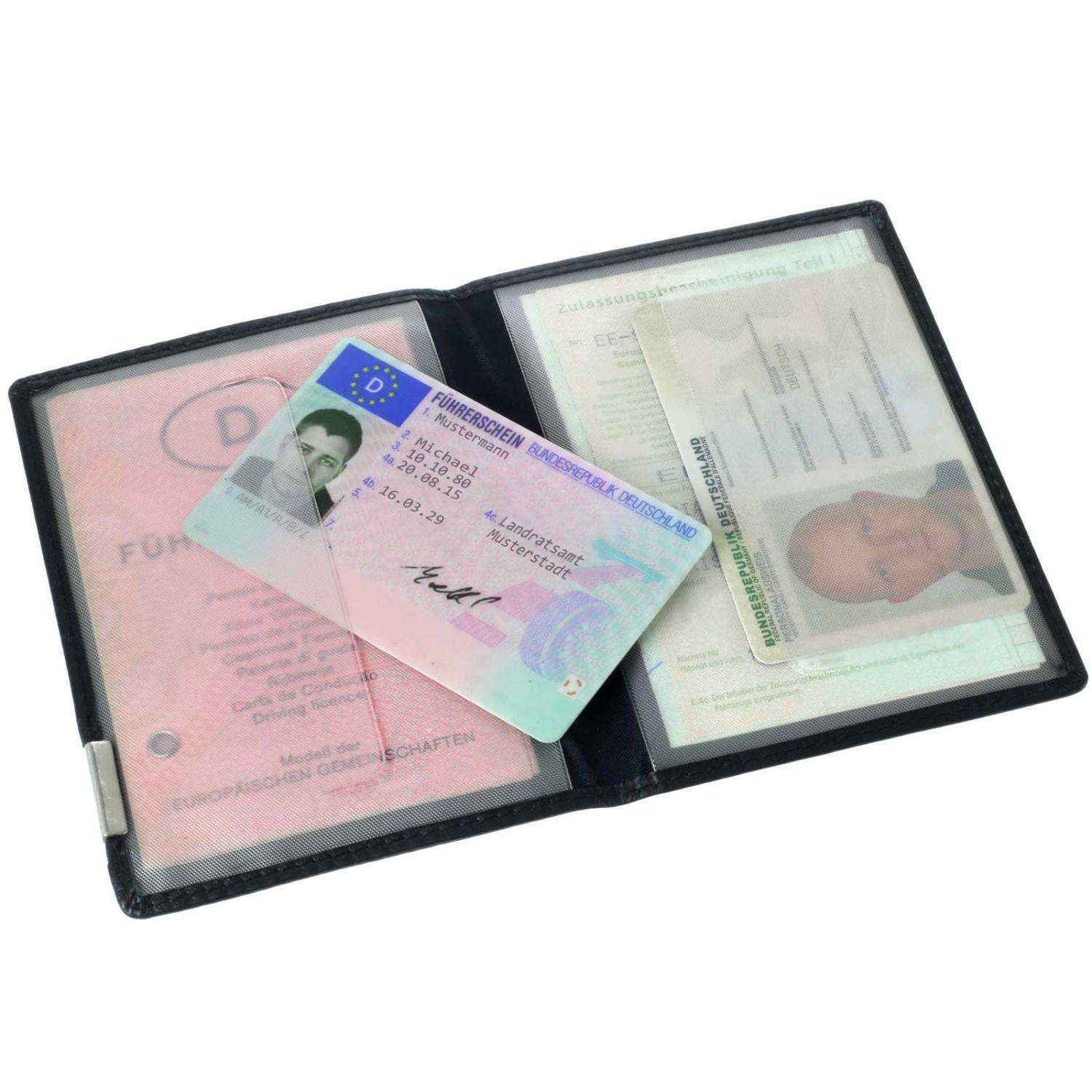 1. Foto Ausweismappe Führerscheinmappe Leder Hülle für Fahrzeugpapiere mit Gravur